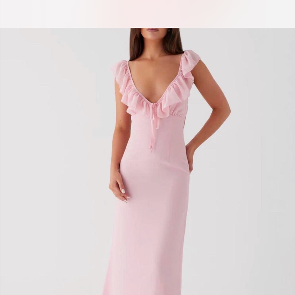 Peppermayo Pink Ruffled Maxi Gown with Plunge Neckline